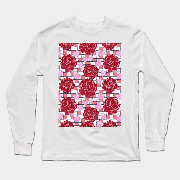 Red Roses, Hearts on Plaid Pattern Long Sleeve T-Shirt by MitaDreamDesign